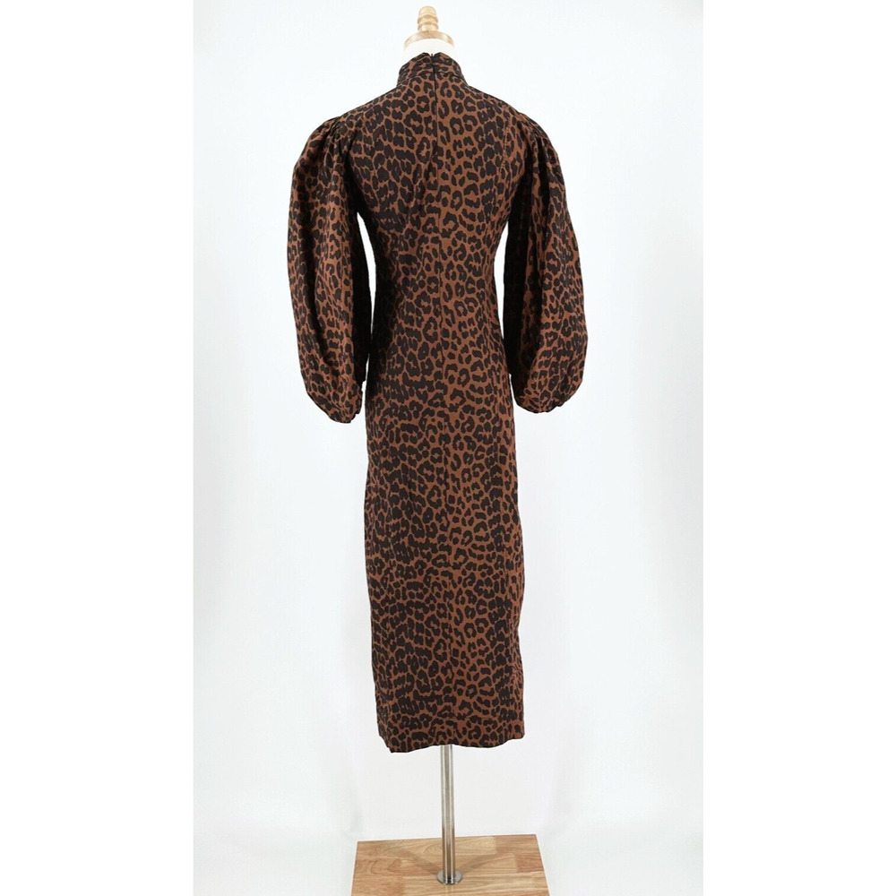 Ganni Women Midi Leopard Print Dress 34/XS Balloon Sleeve Poplin Party Event - Picture 4 of 11